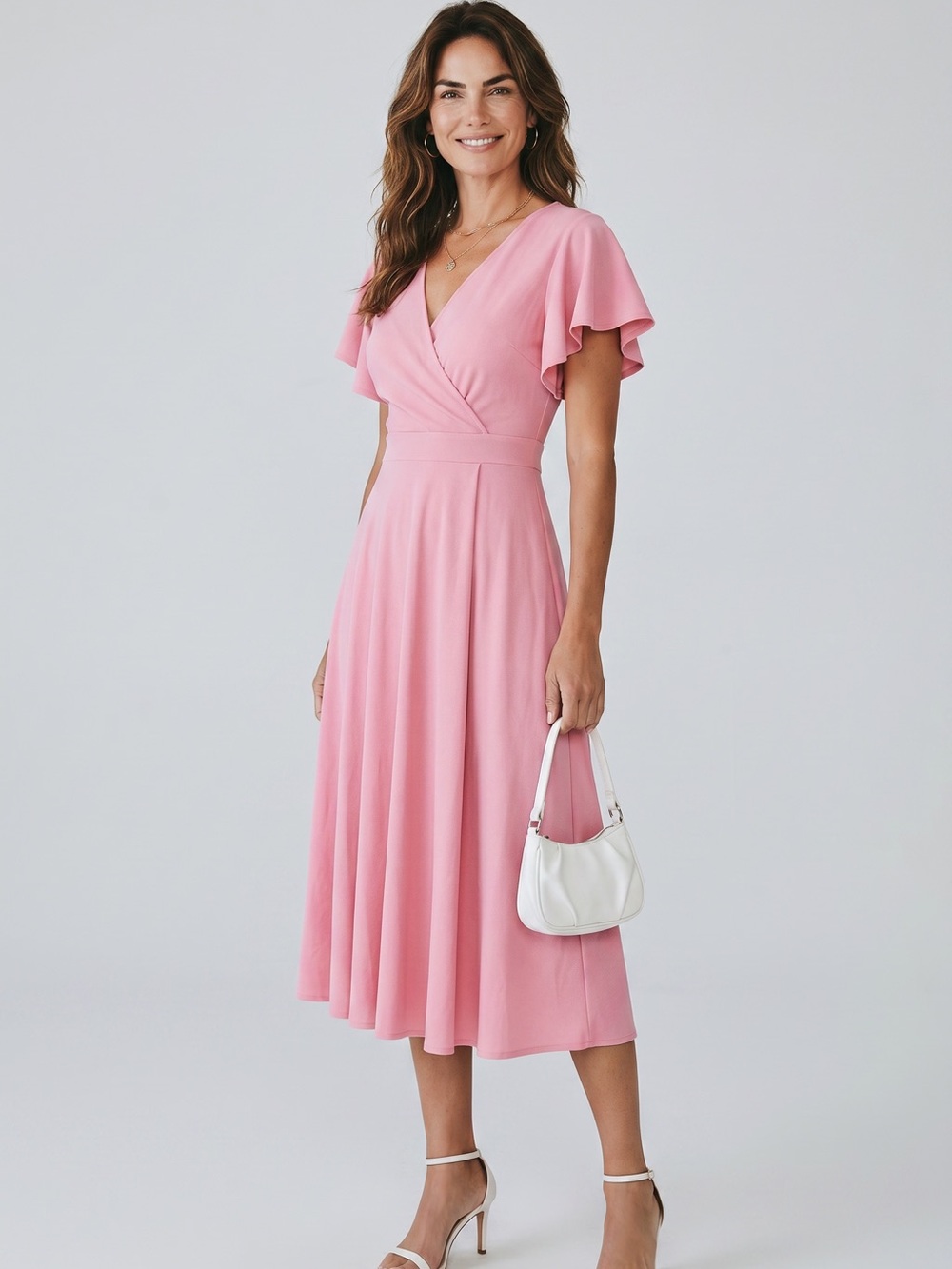 Women's Pink  Midi Dress - Elegant Flutter Sleeve Dokotoo Size M New